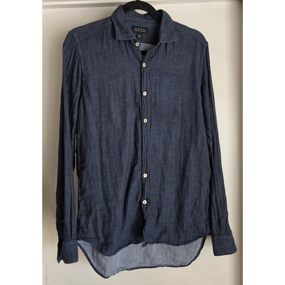Barneys New York Men Shirt Size M Navy Solid Long Sleeve Button-Up Classic